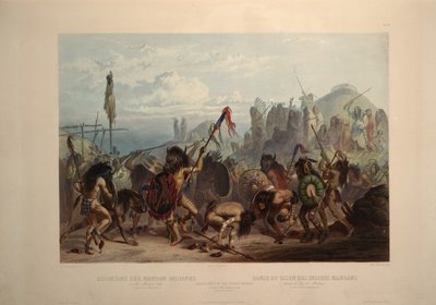 Bizondans van de Mandan-indianen voor hun medicijnhut door Karl Bodmer